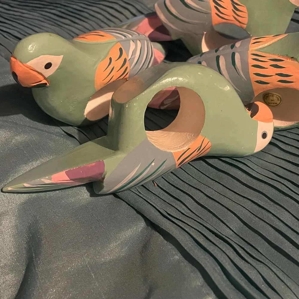 1980s Handpainted Wood Tropical Bird Parrot Napkin Rings Made in the Phillipines